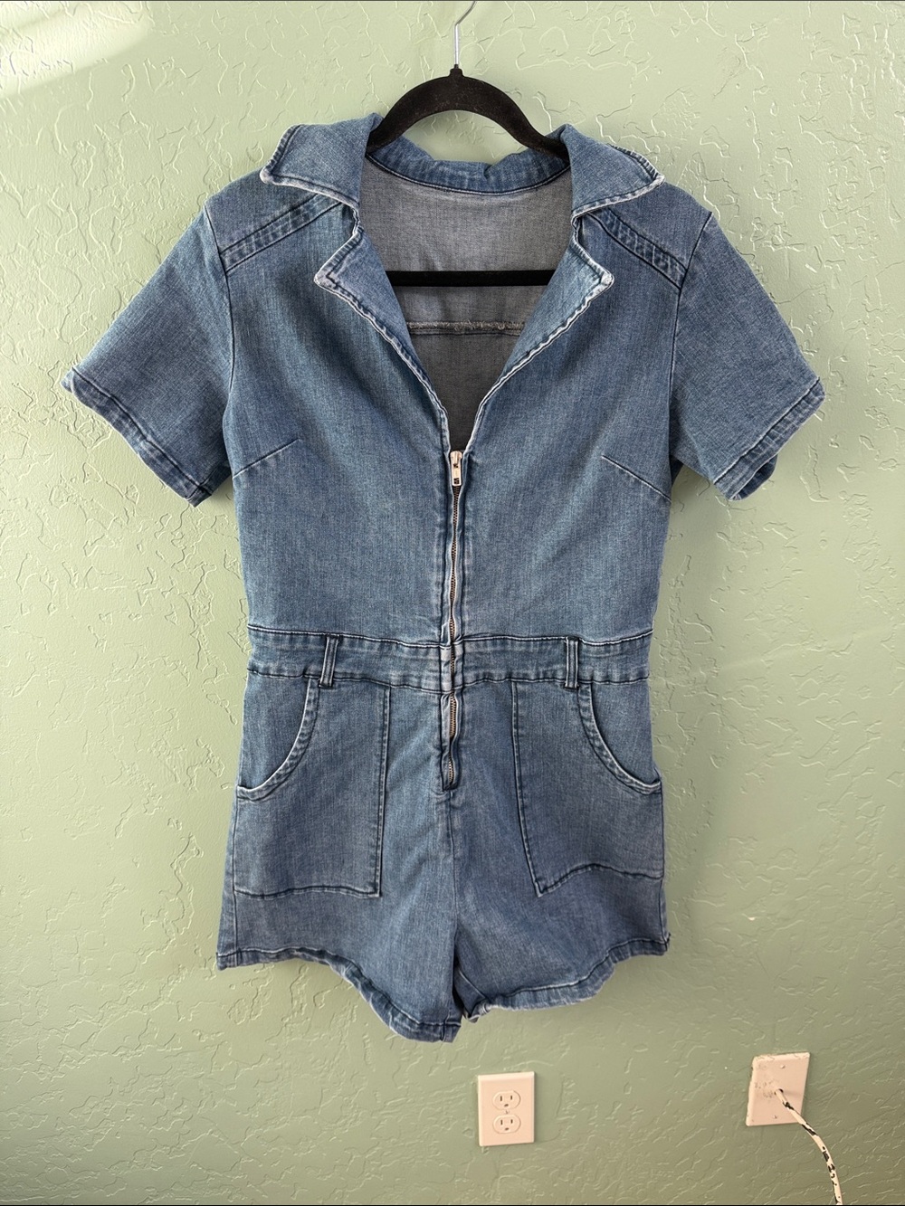 Women’s Short Sleeve Denim Romper - Blue